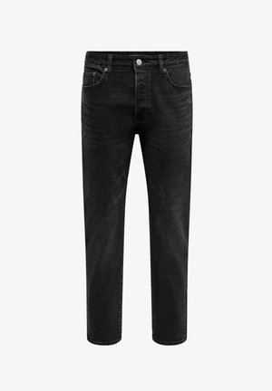 Zwarte rechte spijkerbroek met knoop- en ritssluiting aan de voorkant, riemlussen en ontwerp met vijf zakken.