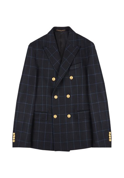 Doppelreihige Navy-Blazer mit hellblauem Karomuster, goldenen Knöpfen, Reverskragen und zwei vorderen Taschen. Glatte Stoffoberfläche.