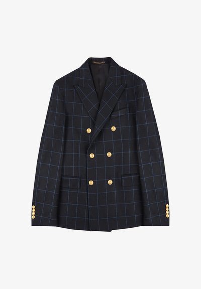 Doppelreihige Navy-Blazer mit hellblauem Karomuster, goldenen Knöpfen, Reverskragen und zwei vorderen Taschen. Glatte Stoffoberfläche.