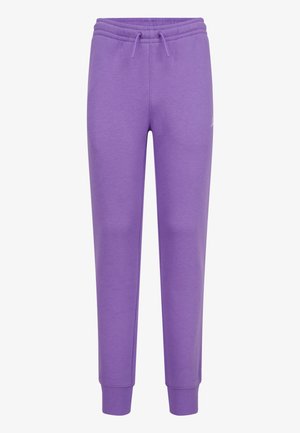 Lilla tilspidsede joggingbukser med elastisk taljebånd og snøre, manchetter ved anklerne, lavet af blødt stof.