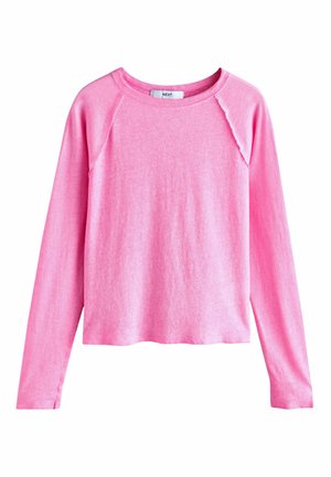 Cămașă roz cu mâneci lungi, din material moale, cu design raglan la mâneci, decolteu rotund și croială lejeră.