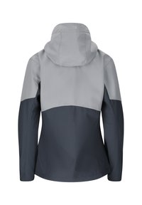 Veste imperméable gris bicolore avec capuche, manches longues et détails de coutures, vue de dos sur fond blanc.