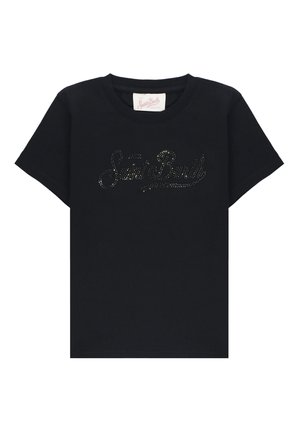 T-shirt nera a maniche corte con scollo rotondo, con piccola scritta in strass "Saint Barth" sul petto e etichetta visibile all'interno del colletto.