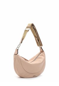 Borsa hobo in morbida pelle rosa chiaro con una forma curva, dotata di chiusura con zip superiore e di una tracolla regolabile beige in contrasto. Accenti in metallo argentato.