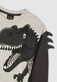 Maglia grigia a maniche lunghe con una grande grafica di un dinosauro nero sul davanti. Maniche scure con dettagli a punta. Etichetta con la scritta "Terranova, età 4/5".