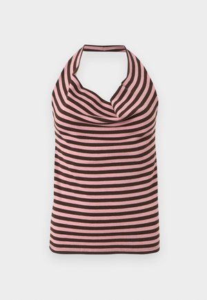 Varrukateta kaelarätiga särk, millel on pruunide ja roosade horisontaalsete triipudega ning volditud kaelusega.