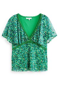 Blusa floreale verde con scollatura a V, maniche a sbuffo trasparenti e bordo in pizzo, caratterizzata da una combinazione di motivi a foglia in diverse tonalità di verde.