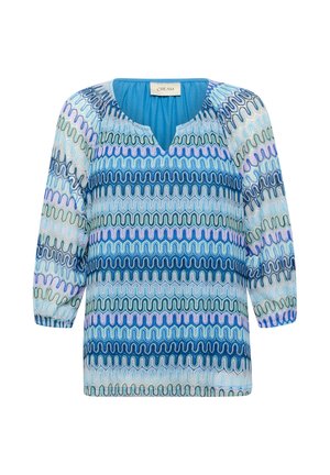 Blue patterned blouse featuring wavy lines in light blue, turquoise, and lavender. V-neck design with ¾ length sleeves and gathered shoulders.