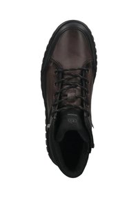 Braune Lederwanderschuhe mit schwarzen Akzenten, runden Schnürsenkeln, einem gepolsterten Kragen und einer strukturierten Gummisohle.
