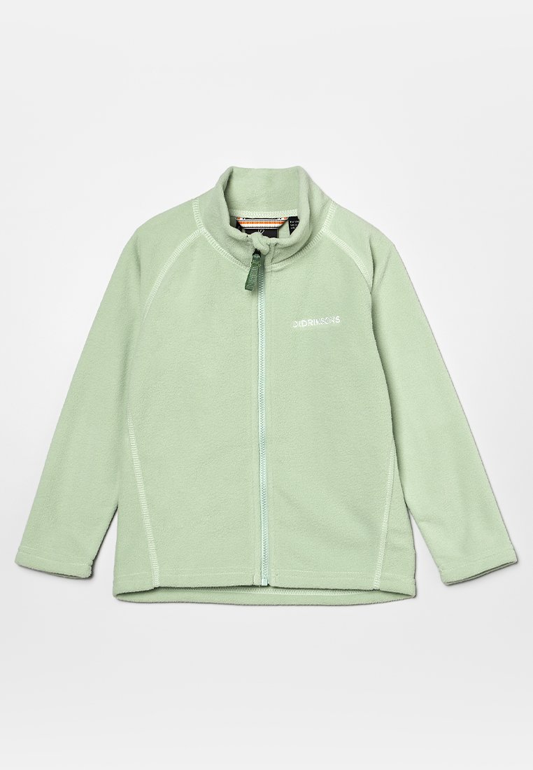 Hellgrüne Fleecejacke mit hohem Kragen, Frontreißverschluss und kontrastierenden Nähten. Verfügt über ein Logo auf der Brust und einen Zugverschluss zur Anpassung.