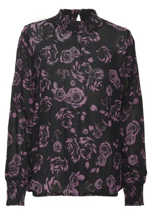 Black long-sleeve blouse with purple rose floral pattern, high ruffled collar, smocked cuffs, and elastic hem.