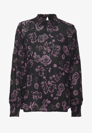 Blouse noire à manches longues avec un motif floral de roses violettes, col rufflé haut, poignets élastiques et ourlet élastique.