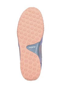 Schoenzool met een lichtroze, gestructureerd rubberen oppervlak, met cirkelvormige grippatronen en een blauwe accent met de "HOFF" branding.