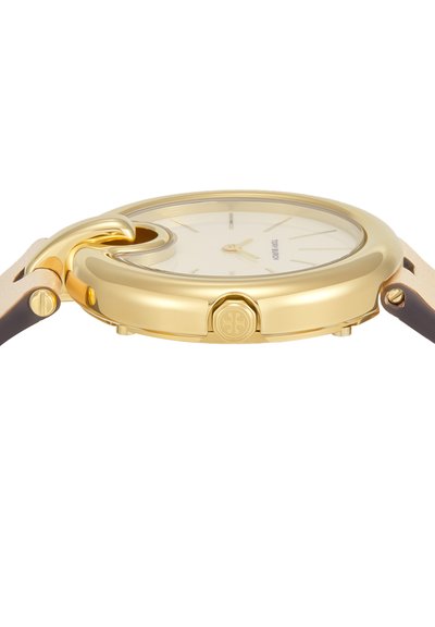 Gouden ronde polshorloge met beige wijzerplaat, slanke gouden wijzers, zonder cijfers en een bruine leren band, zijaanzicht.