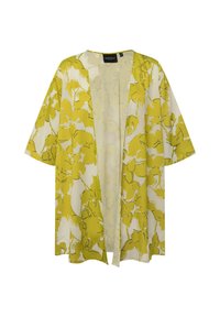 Giacca kimono floreale gialla, realizzata in tessuto leggero, con apertura frontale, maniche corte e vestibilità ampia. Il fondo bianco esalta il design vivace.