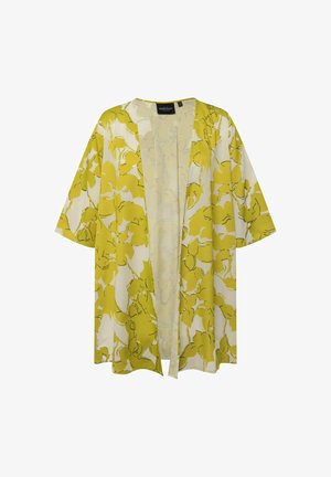 Giacca kimono floreale gialla, realizzata in tessuto leggero, con apertura frontale, maniche corte e vestibilità ampia. Il fondo bianco esalta il design vivace.