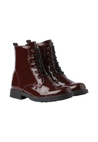 Botas de tobillo burdeos brillantes con diseño de cordones, un par de ojales de metal redondos, suelas de goma texturizadas y un acabado suave y brillante.