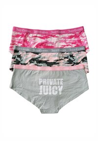 Set van vier damesondergoed met een roze camouflageprint, grijze stof met de tekst "PRIVATE JUICY" en elastische taillebanden met merkopdruk.