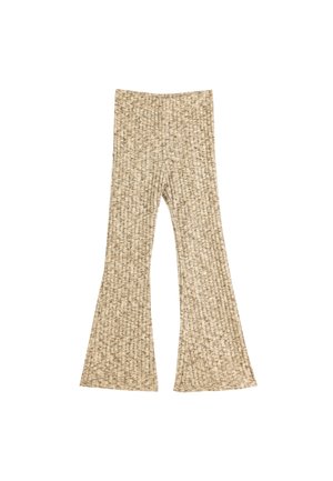 Pantalones acampanados beige de canalé con un tejido de punto texturizado, que presentan una cinturilla alta y un corte acampanado gradual desde la rodilla hasta el dobladillo.