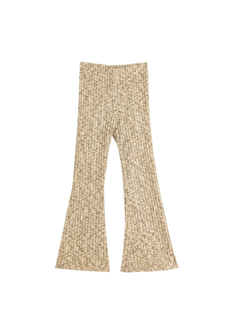 Pantaloni beige a coste svasati realizzati in un tessuto lavorato a maglia, con vita alta e una svasatura graduale dal ginocchio all'orlo.