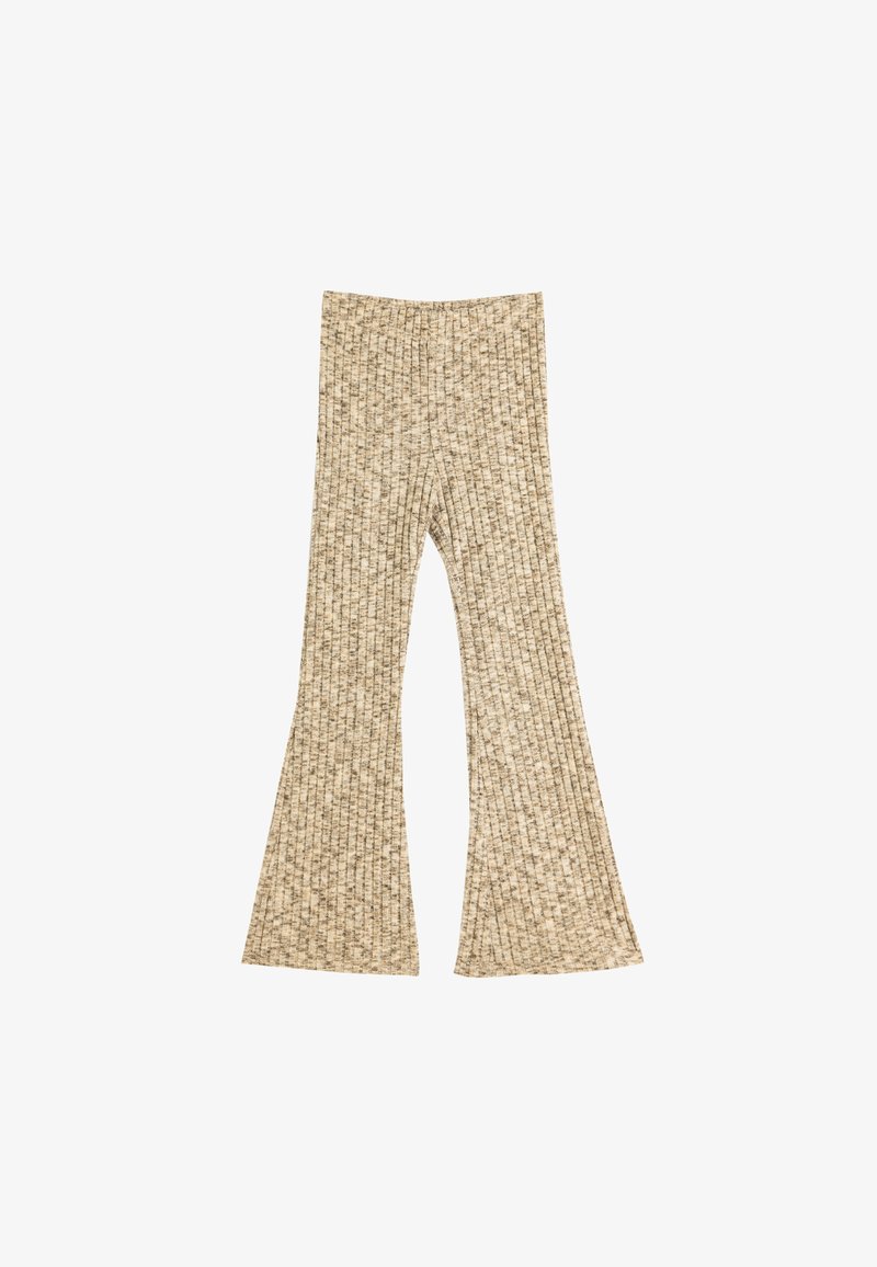 Beige ribbed flared pants with a textured knit fabric, featuring a high waistband and a gradual flare from knee to hem.