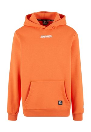Orange hoodie made of soft fabric, featuring a front pocket, ribbed cuffs, and white "STARTER." logo on the chest. Reinforced stitching detail.