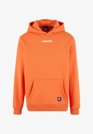 Orange hoodie made of soft fabric, featuring a front pocket, ribbed cuffs, and white "STARTER." logo on the chest. Reinforced stitching detail.