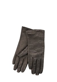 Schwarze Lederhandschuhe mit einer glatten Textur auf der einen Seite und einem Krokodilmuster auf der anderen. Klassisches Design mit fünf Fingern.