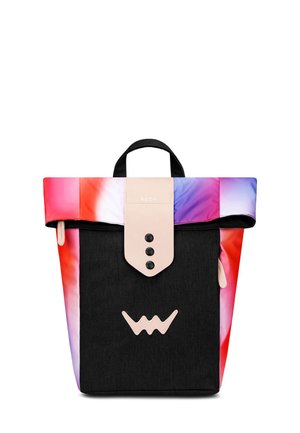 Colorful backpack with a black denim body and a gradient pink to purple top. Features a beige flap with three buttons and logo detail.