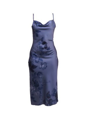 Satin slip dress in dark blue, featuring a floral print in varying shades, thin straps, cowl neckline, and body-hugging silhouette.