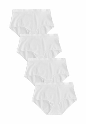 Fünf Paare von weißen, hochgeschnittenen Baumwollunterhosen mit elastischen Taillenbändern und einer weichen, glatten Textur, gestapelt.