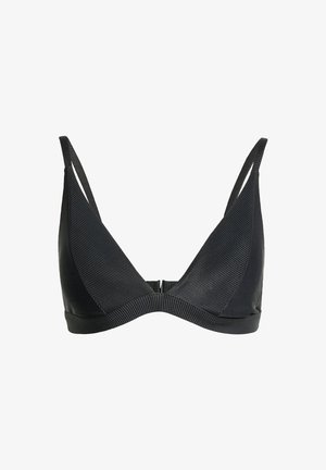 Soutien-gorge triangulaire noir en tissu texturé avec de légères rayures verticales, doté de fines bretelles réglables et d'une fermeture à clip.