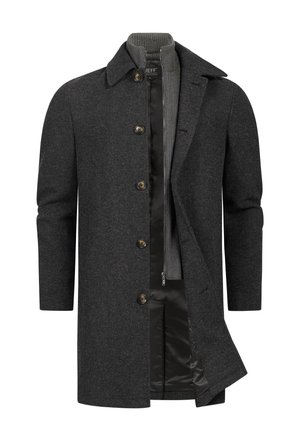 Dunkelgrauer Wollmantel für Herren mit Knopfverschluss, teilweise geöffnet, um das innere gesteppte Futter und den grauen hochgeschlossenen Reißverschluss-Pullover zu zeigen.