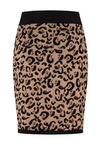 Beige und schwarze Strickrock im Leopardenmuster mit einem schwarzen Bund. Das Muster ist mit dunkelbraunen und schwarzen Flecken durchzogen.