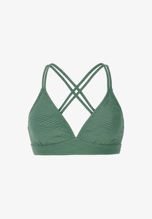 Grüner Triangel-Bikini-Oberteil mit strukturiertem Chevron-Muster, verstellbaren Kreuzträgern und glatter Oberfläche. Kein sichtbares Zubehör oder Polsterung.