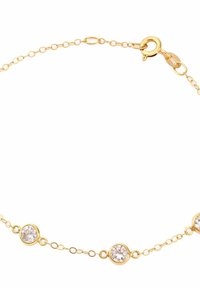 Guld kædearmbånd med tre runde klare krystaller sat i cirkulære indfatninger, med en krabbe-lås og et delikat kæde-design.