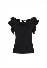 Top negru cu nervuri, având un guler volănaș off-the-shoulder și mâneci scurte, cu închidere prin legare la spate.