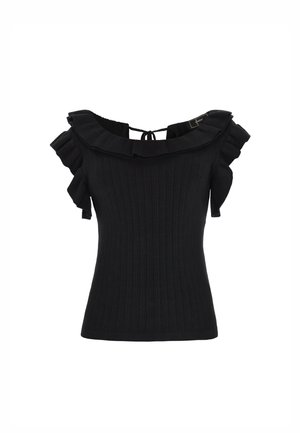 Černý žebrovaný top s volánkovým výstřihem bez ramínek a krátkými rukávy, se zavazováním vzadu.