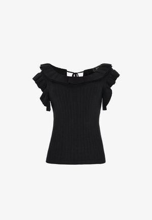 Zwarte geribbelde top met een ruffled off-the-shoulder halslijn en korte mouwen, met een striksluiting aan de achterkant.