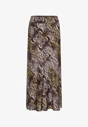 Maxirock aus leichtem, strukturiertem Stoff mit einem gemischten Muster aus Braun-, Grün- und Weißtönen, das Schlangenhaut ähnelt, und einem elastischen Bund.