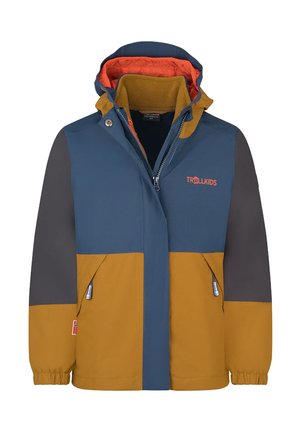 Farbblockierte Kinderjacke in Blau, Grau und Senfgelb; mit einem Reißverschluss, Kapuze und zwei Fronttaschen.