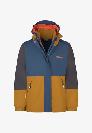 Color-blocked children's jacket in blue, gray, and mustard yellow; features a zip closure, hood, and two front pockets.