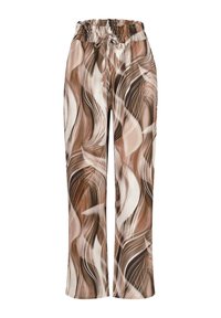 Wide-leg pants with elastic drawstring waist, featuring a swirling abstract pattern in shades of brown, beige, and white.