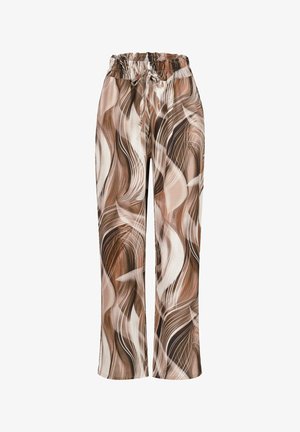 Weite Hose mit elastischem Kordelzugbund, die ein wirbelndes abstraktes Muster in Brauntönen, Beige und Weiß zeigt.