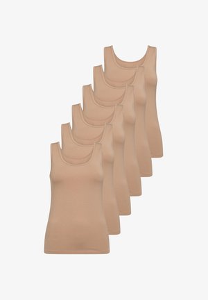 Set of six beige tank tops, made from soft cotton blend, featuring a scoop neckline and a smooth, fitted design.