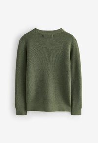 Maglione verde lavorato a maglia con un motivo testurizzato, scollo rotondo e maniche lunghe. Polsini e orlo a coste, con un design in un colore solido.