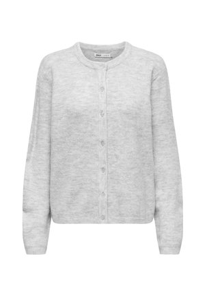 Light gray cardigan made of soft material, featuring a round neckline, long sleeves, and a central button closure with ribbed accents.
