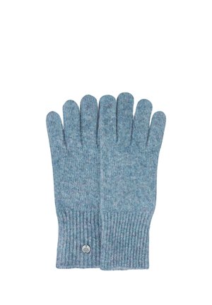 Weiche blaue gestrickte Handschuhe mit gerippten Bündchen und einem kleinen runden Metall-Emblem an einem Handgelenk.
