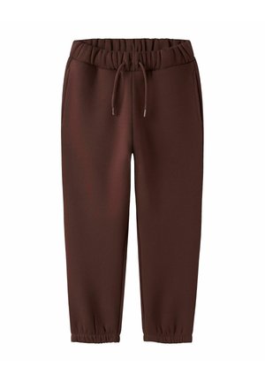 Pantalons de jogging marron foncé avec taille élastique et poignets élastiques, comportant des poches latérales et un système de fermeture avec cordon.