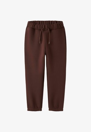 Pantaloni jogger marroni scuri con vita e polsini elasticizzati, dotati di tasche laterali e chiusura con lacci.